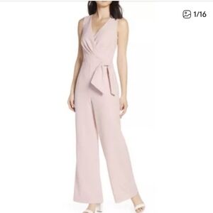 Eliza J Women' Bow Blush Crepe Wrap Pleated Plunging Neckline Jumpsuit Size 2